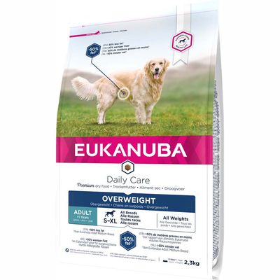 Eukanuba Daily Care dry food for overweight adult pets, 50% less fat, suitable for all breeds and weights, 12kg bag. Premium formula highlighted on packaging.