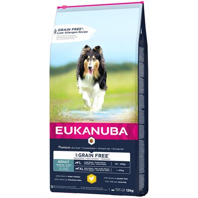 Eukanuba Premium dry food for large and very large breeds, grain-free, rich in fresh chicken. For dogs aged 1 to 6 years, weight 25-40kg or over 40kg. Pack 12kg.