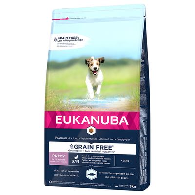 Eukanuba Premium dry food for puppies, grain-free, small and medium breeds, rich in sea fish, suitable for dogs up to 25kg, 3kg pack.